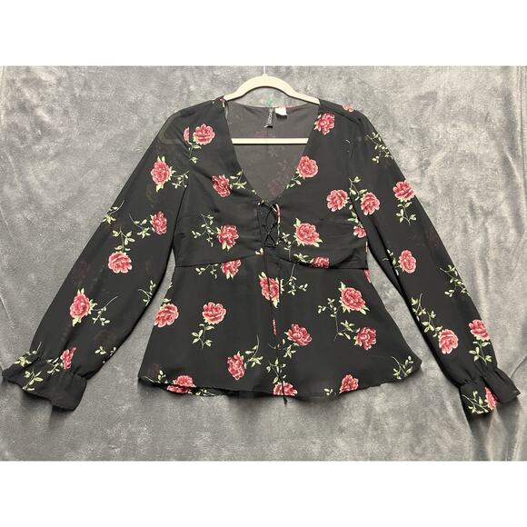 Divided H&M Blouse Woman’s Sz 2 Black Floral Whimsy Goth Romantic Peplum Babydol - Picture 1 of 9